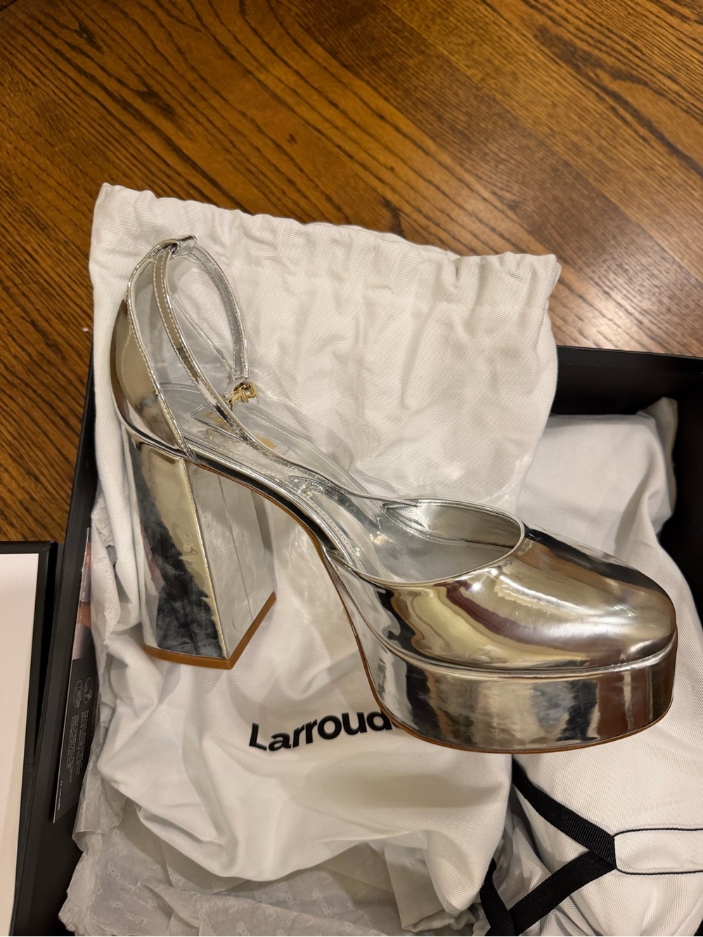 Larroude Silver Metallic Platform Slingback Heels